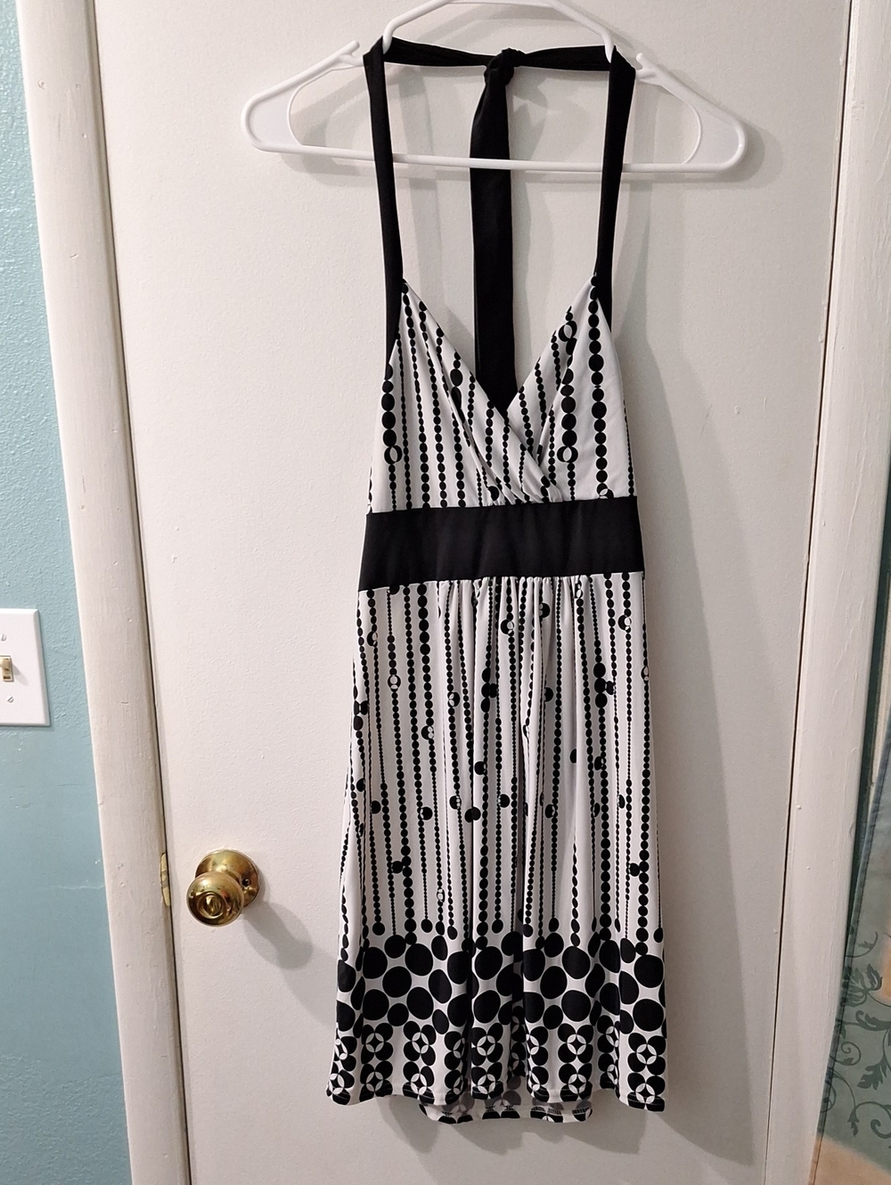 Black & White Halter Midi Dress with Patterned Skirt